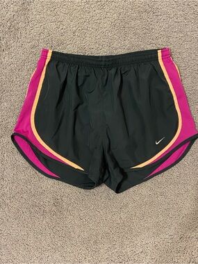 Nike Grey Women's Athletic Shorts with Pink Panels and Peach Trim